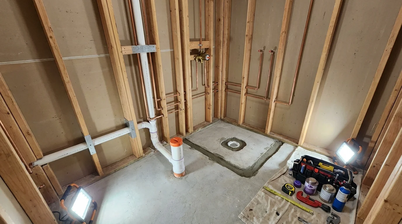 Bathroom rough-in plumbing during remodel by Johns Plumbing LLC in Anniston