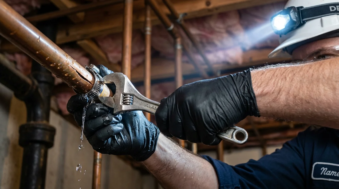 Emergency pipe clamp repair being performed by a Johns Plumbing LLC plumber in Anniston