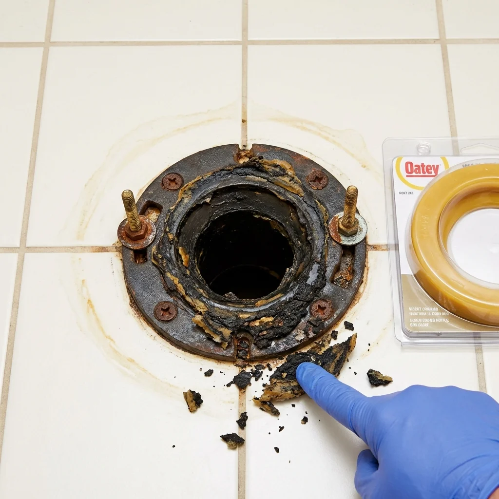 Failed wax ring showing water seepage at the base of a toilet in a Anniston, AL home